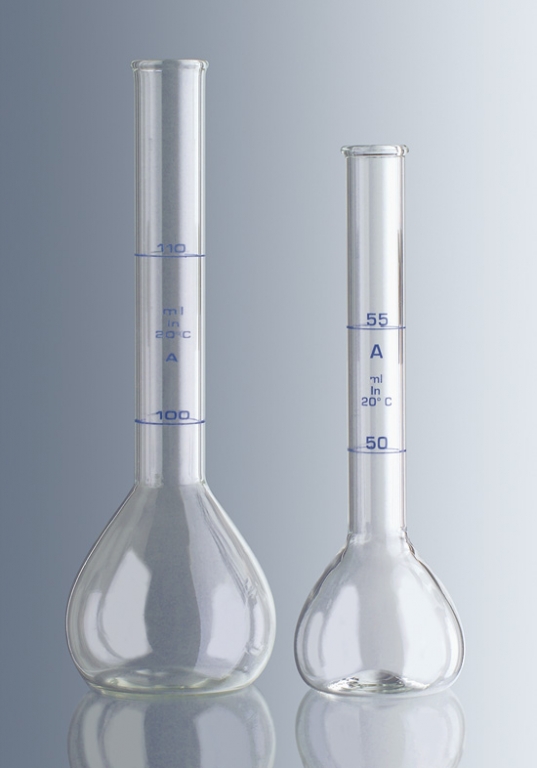 Fioles jaugées, Classe A avec 2 traits, Repères : 100 + 110 ml, Tolérance : ± 0,1 ml