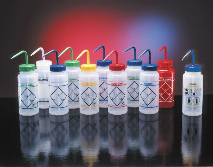 Pissettes étiquetées, col large, à utiliser avec du dichlorométhane, couleur du bouchon : jaune, capacité : 500 ml.