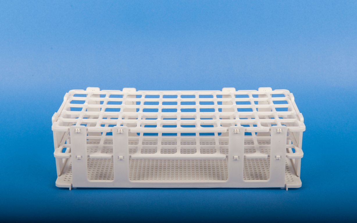 Support pour tubes à essai (plastique), diamètre extérieur 20 mm, tubes 40, rangées 4 x 10, couleur blanche.