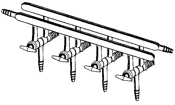 Manifold, High Vacuum Solid Glass Stopcocks, Front-Left & Rear-Right