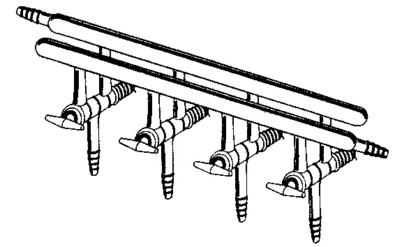 Manifold, High Vacuum Solid Glass Stopcocks, Front-Right & Rear-Left