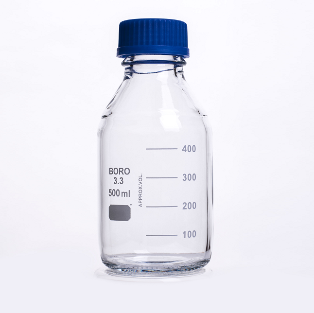 Flacon de stockage/média en verre, transparent, 500 ml – bouchon violet