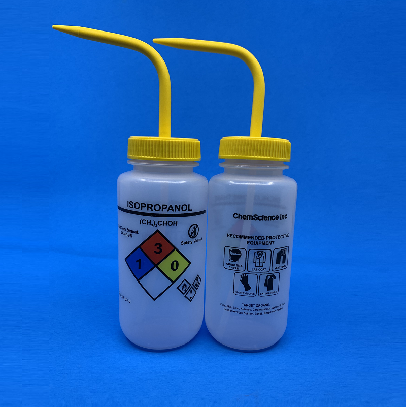 Labelled Wash Bottles, Wide Neck, For Use with- Acetonitrile, Stopper color- Yellow, Capacity- 500ml