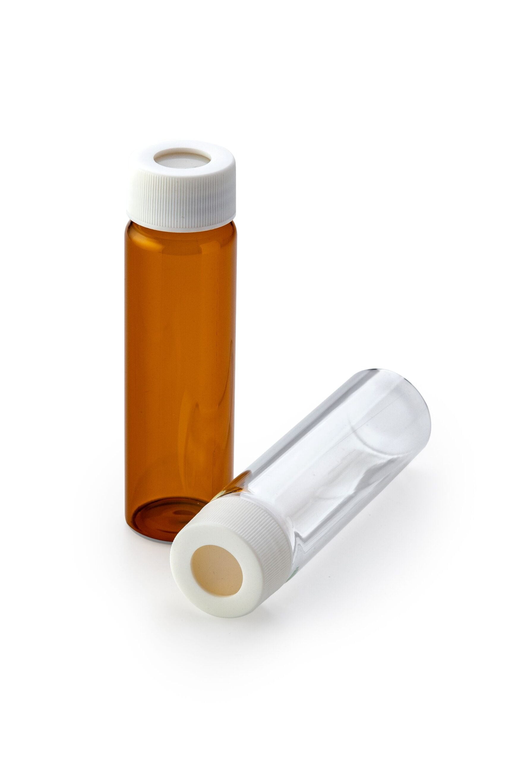 EPA/VOA Vials Opening, Capacity 60mL, Size 28x140 mm, Clear Glass, Includes white open-top polypropylene caps 24-400 Thread with PTFE/silicone septa