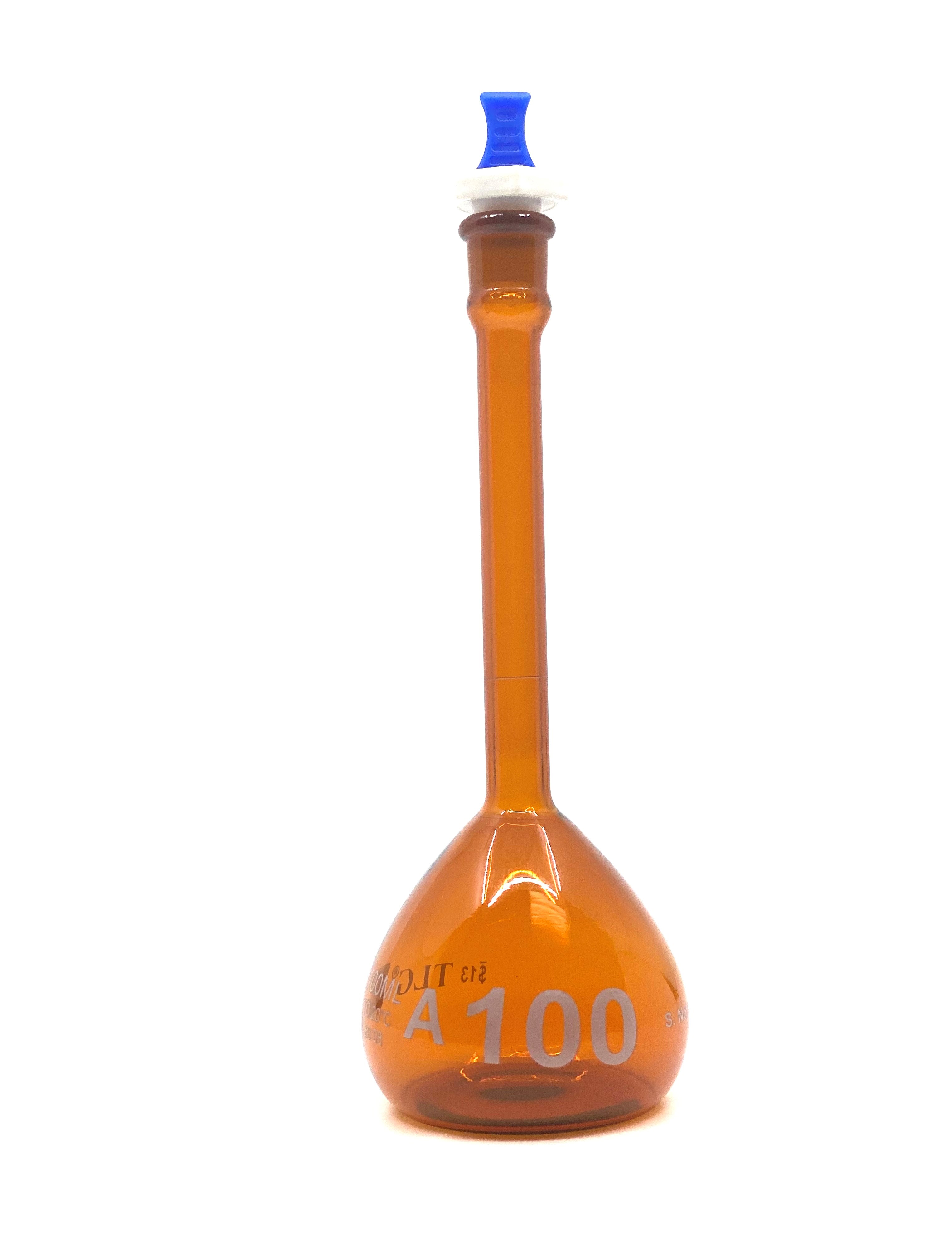 Volumetric Flasks, Class A, Low Actinic Amber, Narrow Mouth, With Polyethylene Stopper, As Per USP Standards