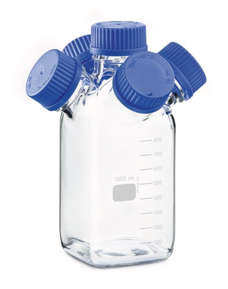 Multi-necked Square Purging bottle with GL45 screw cap, capacity 1000ml