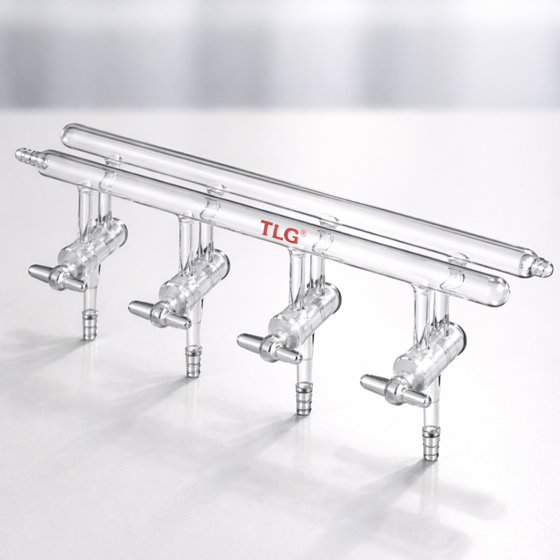 Manifold, High Vacuum Solid Glass Stopcocks, Front-Left & Rear-Right