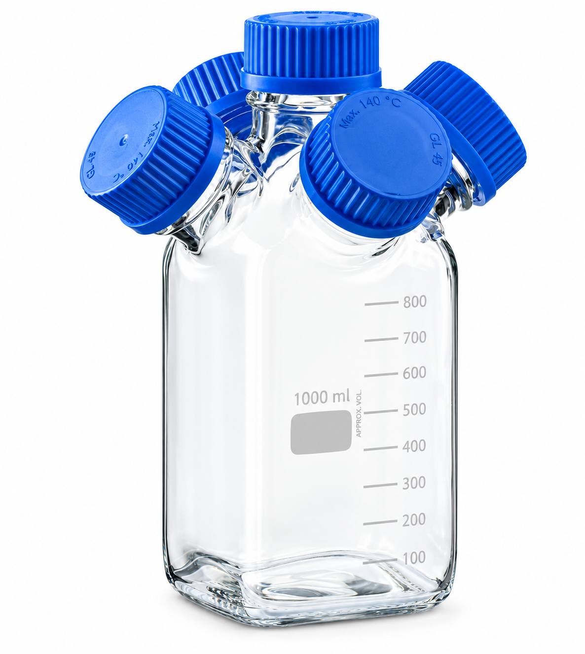 Flacon de purge carré multi-cols avec bouchon à vis GL45, capacité 1000ml