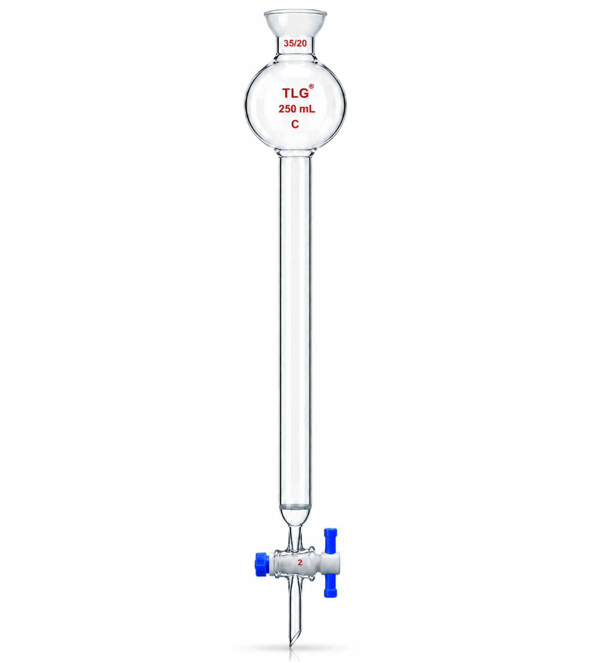 Chromatography Column, With Reservoir, Fritted Disc, with 35/20 spherical joint, PTFE Stopcock bore 2mm, Column O.D 17mm, Column I.D. 13mm, Effective length 8inch/203mm, Capacity 100mL