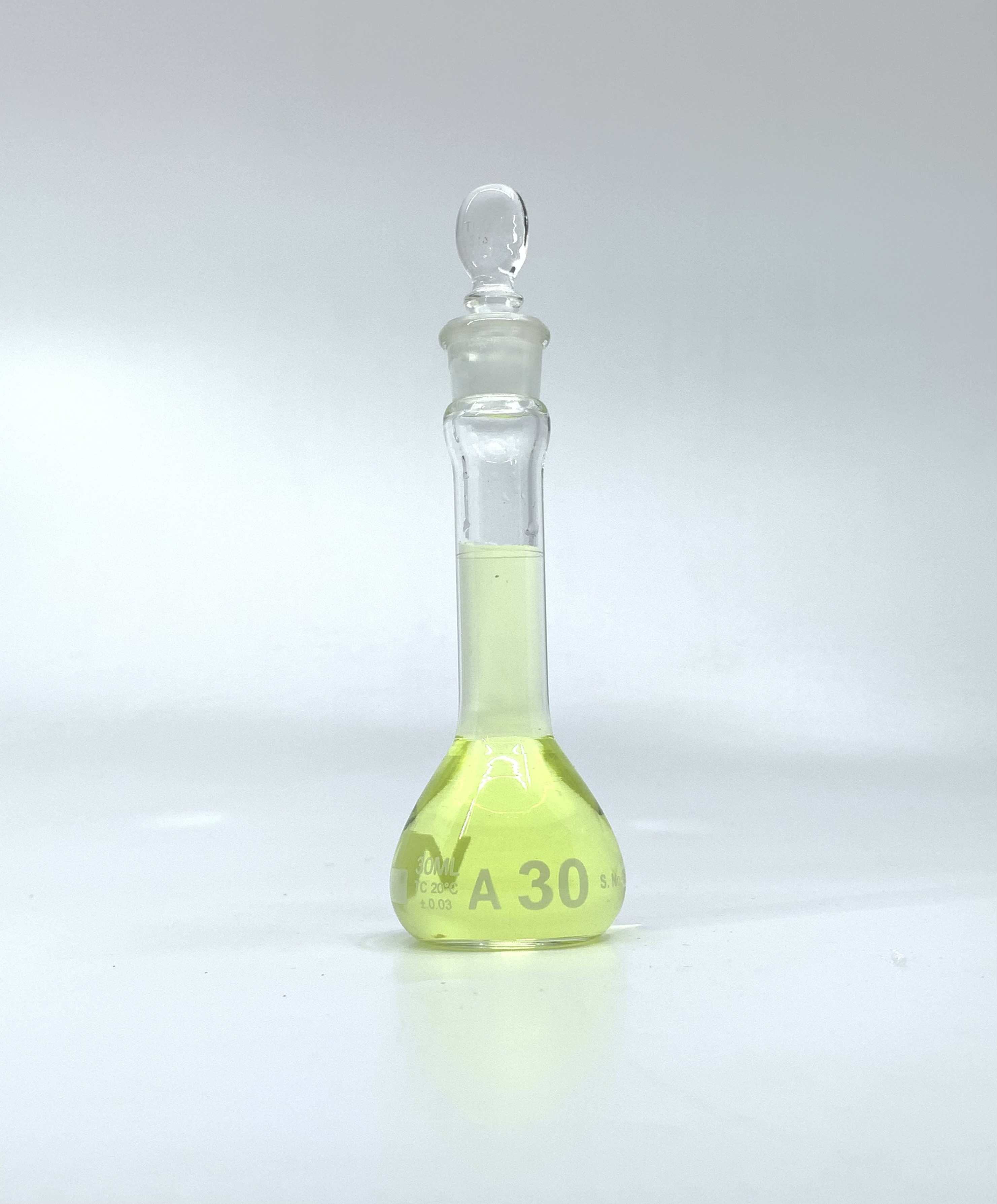 Volumetric Flask, 30mL, Serialized and Certified, Heavy Duty, Wide Mouth, Clear, Glass Stopper# 13, Class A, As Per USP Standards