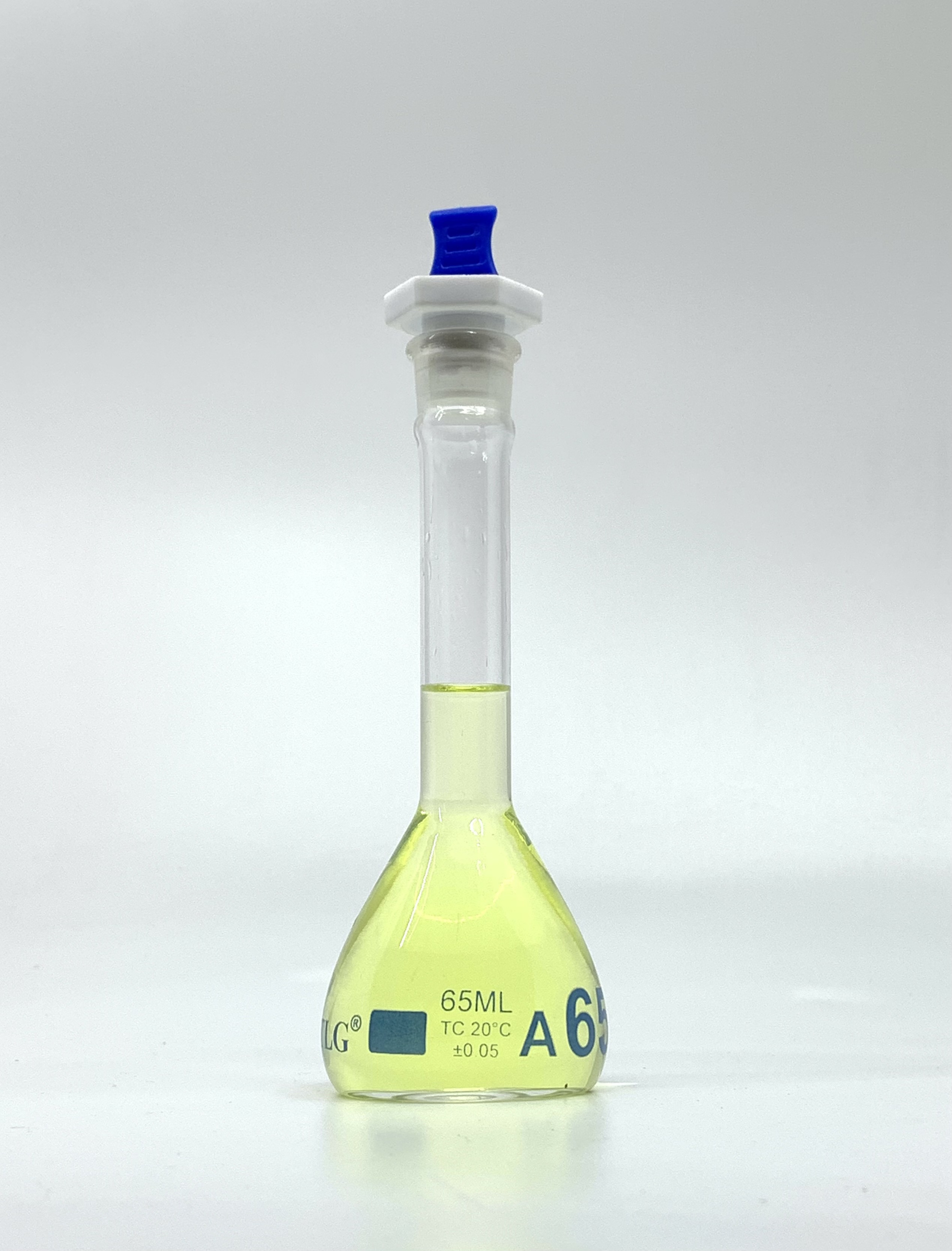 Volumetric Flask, 65mL, Serialized and Certified, Heavy Duty, Wide Mouth, Clear, PE Stopper# 16, Class A, As Per USP Standards