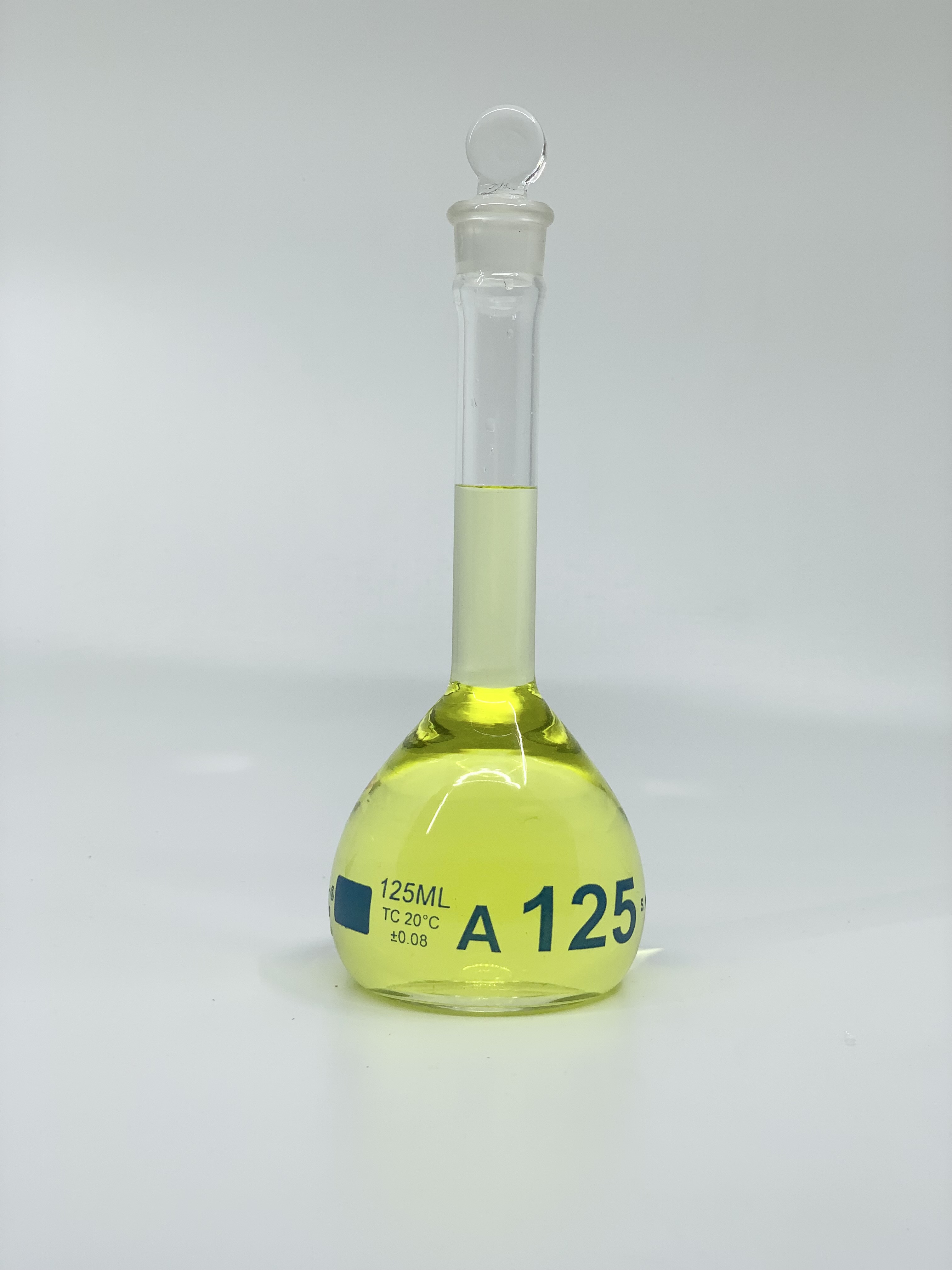 Volumetric Flask, 125mL, Serialized and Certified, Heavy Duty, Wide Mouth, Clear, Glass Stopper# 16, Class A, As Per USP Standards