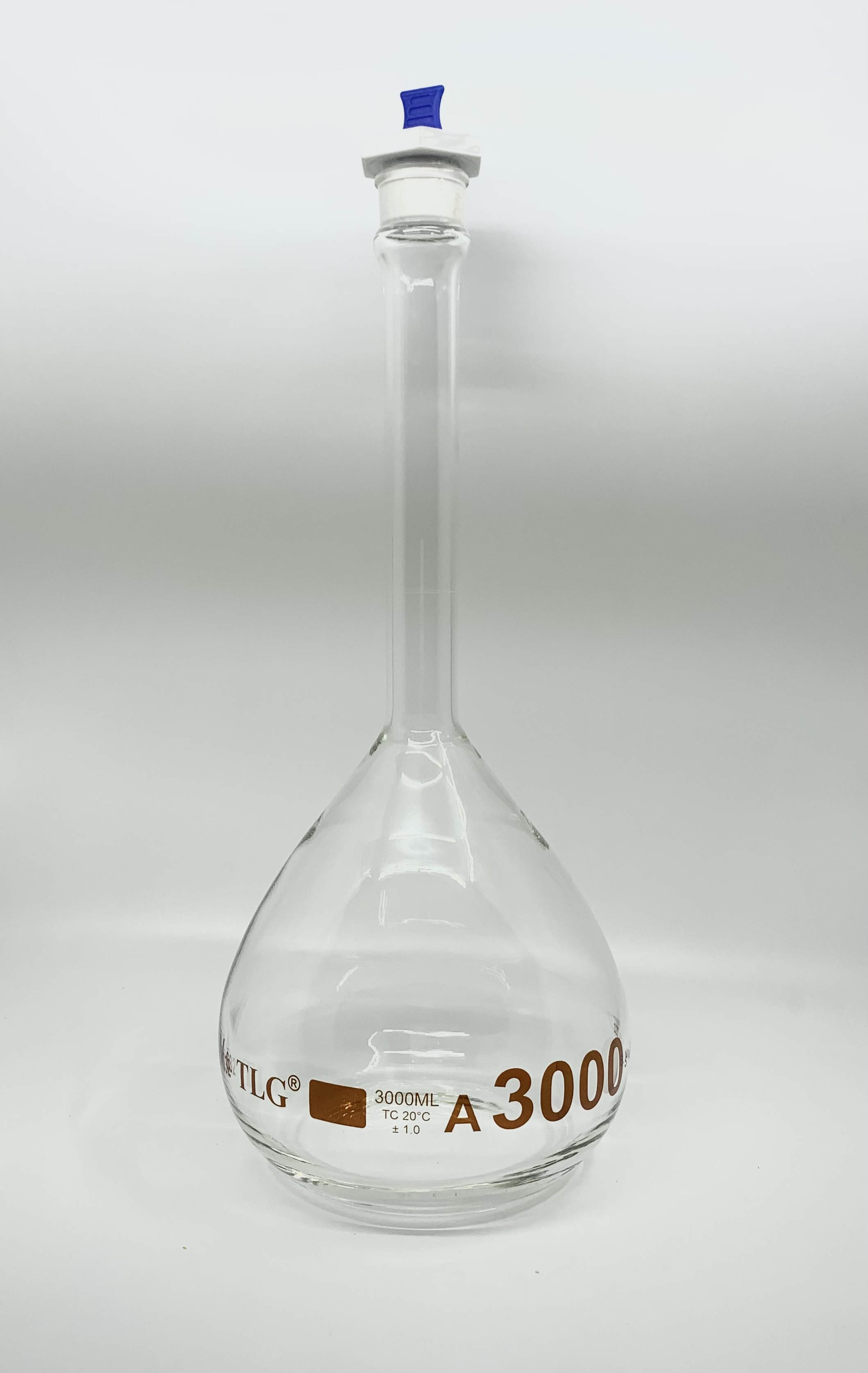 Fiole jaugée, 3000 ml, robuste, à large ouverture, transparente, bouchon en PTFE n° 32, classe A, selon les normes USP
