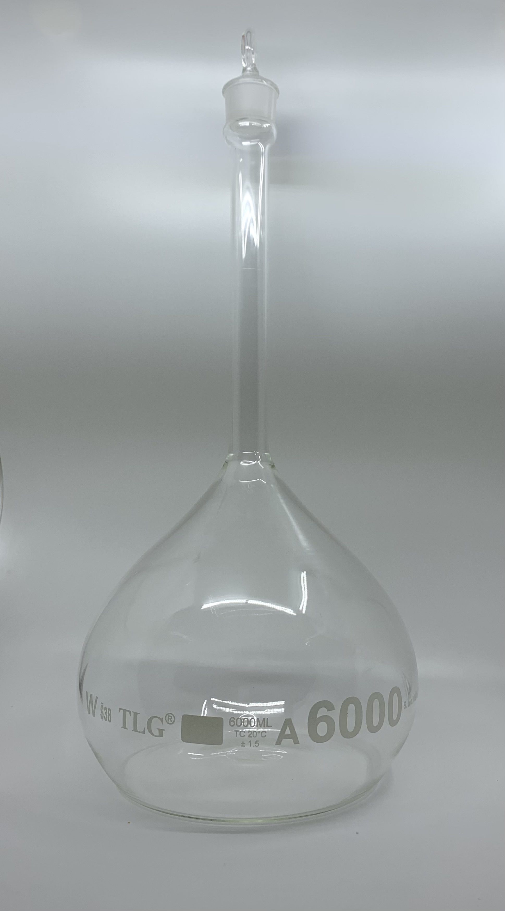 Volumetric Flask, 6000mL, Serialized and Certified, Heavy Duty, Wide Mouth, Clear, Glass Stopper# 38, Class A, As Per USP Standards