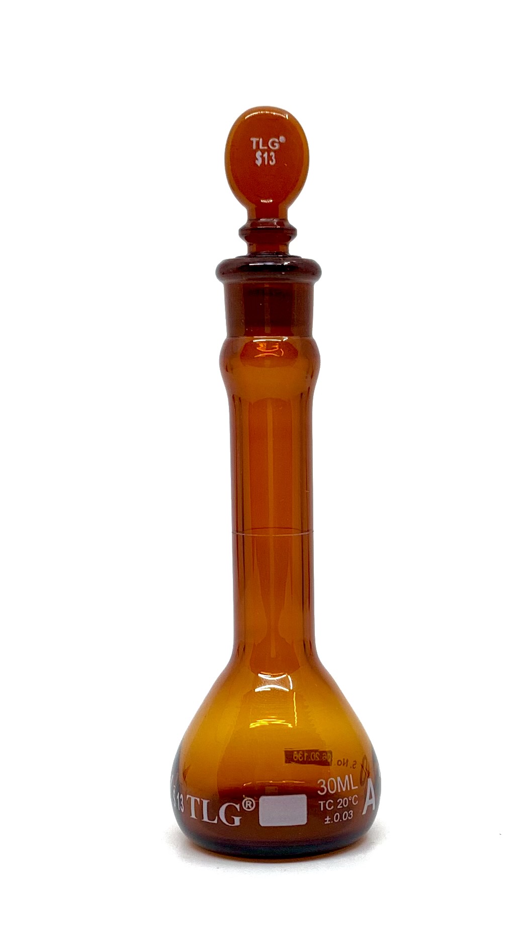 Fiole jaugée sérialisée et certifiée, ambre faiblement actinique, 30 ml, col large, bouchon en verre n° 13, classe A, Selon les normes USP