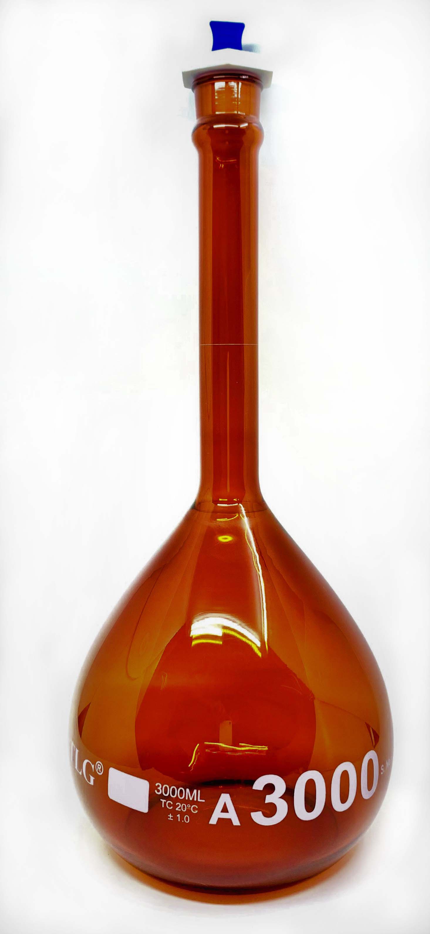 Volumetric Flask, Low Actinic Amber, 3000mL, Wide Mouth, Glass Stopper#32, Class A, As Per USP Standards