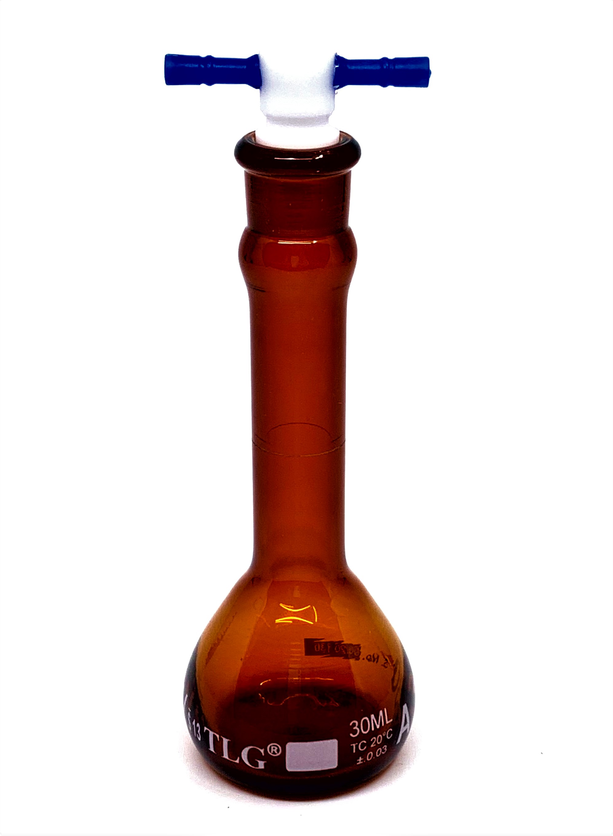 Volumetric Flask, Low Actinic Amber, 30mL, Wide Mouth, PTFE Stopper#13, Class A, As Per USP Standards