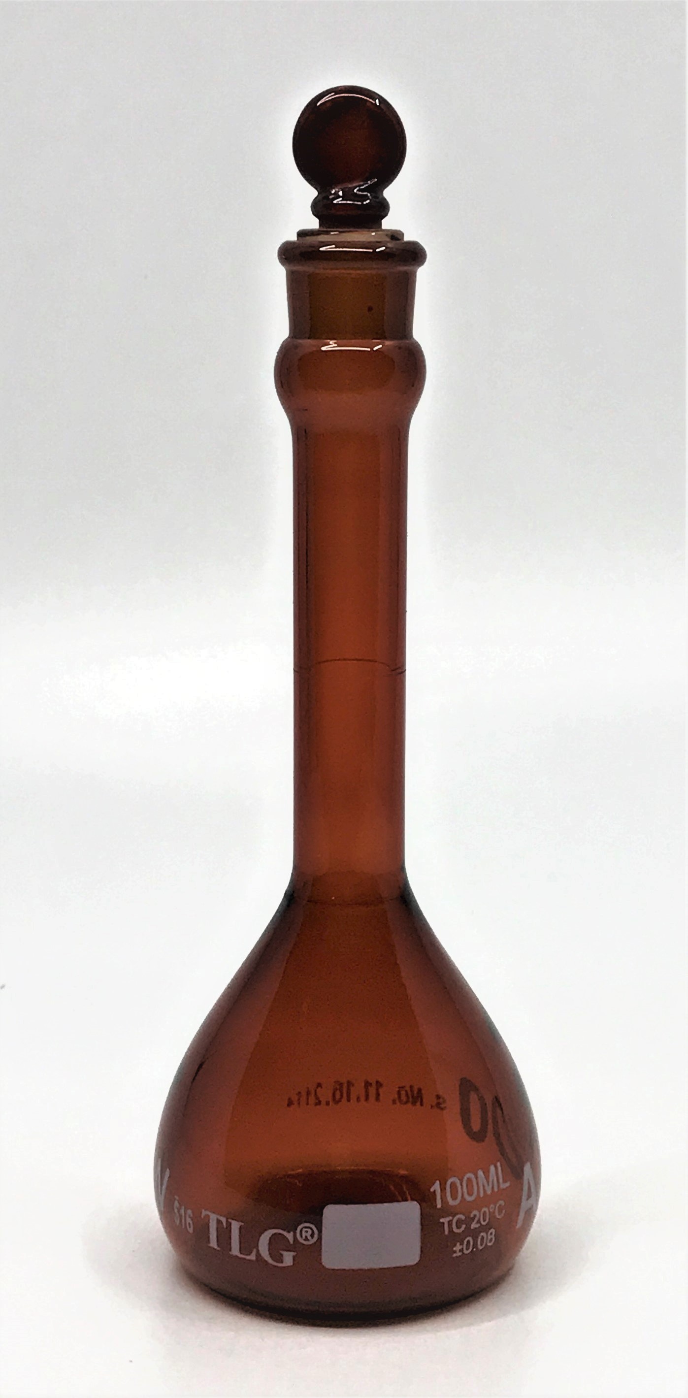 Serialized and Certified Volumetric Flask, Low Actinic Amber, 100mL, Wide Mouth, Glass Stopper#16, Class A, As Per USP Standards