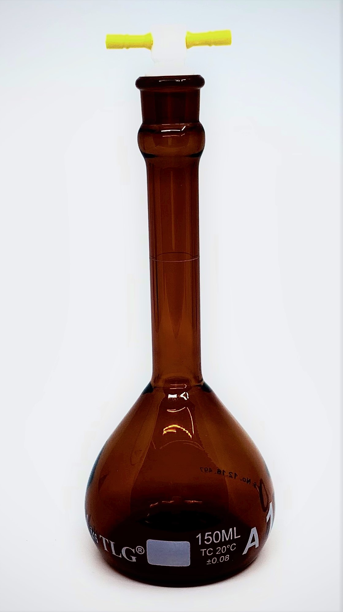 Serialized and Certified Volumetric Flask, Low Actinic Amber, 150mL, Wide Mouth, PTFE Stopper#16, Class A, As Per USP Standards