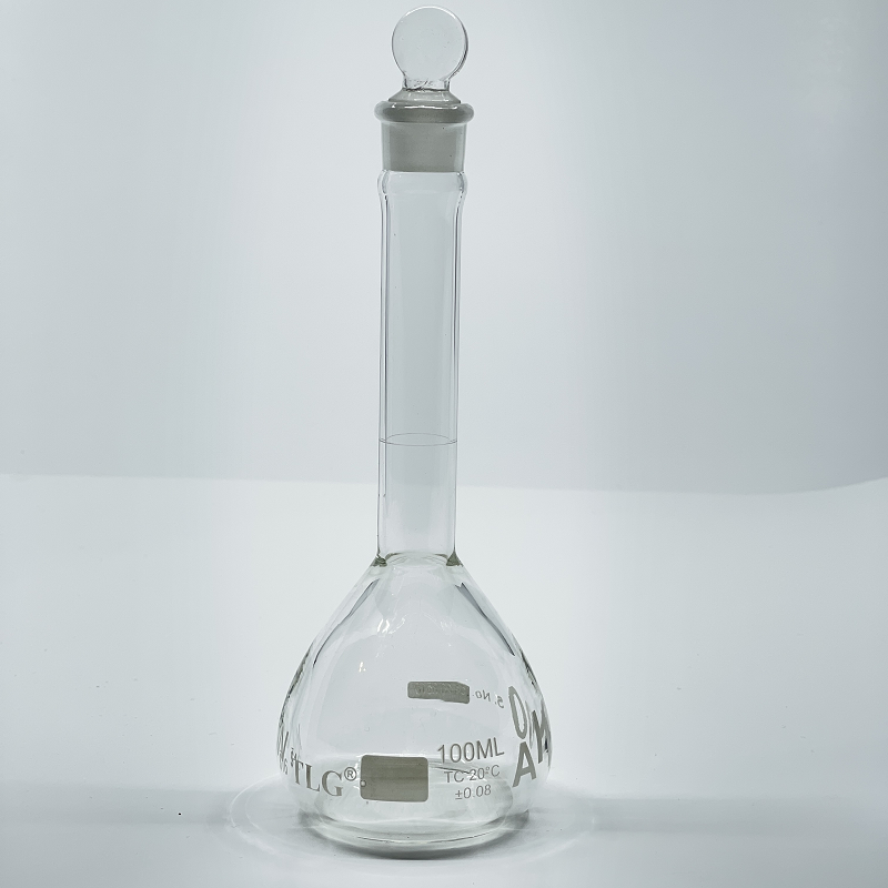 Fiole jaugée, 100 ml, robuste, à large ouverture, transparente, bouchon en verre n° 16, classe A, selon les normes USP