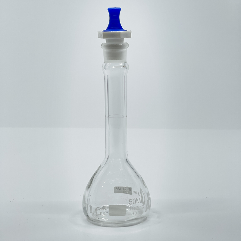 Volumetric Flask, 50mL, Serialized and Certified, Heavy Duty, Wide Mouth, Clear, PE Stopper# 13, Class A, As Per USP Standards
