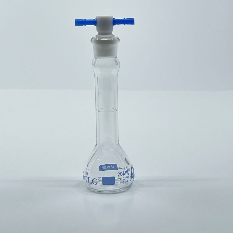 Volumetric Flask, 20mL, Serialized and Certified, Heavy Duty, Wide Mouth, Clear, PTFE Stopper# 13, Class A, As Per USP Standards