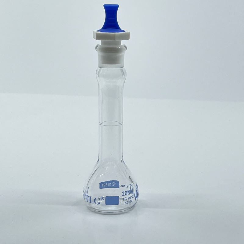 Fiole jaugée, 20 ml, robuste, à large ouverture, transparente, bouchon PE n° 13, classe A, selon les normes USP