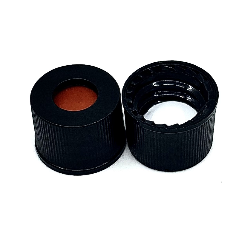 Black Open Top Screw Cap and Septa, Size 8-425, Red PTFE/White Silicone 1.5mm (0.06in) Thickness