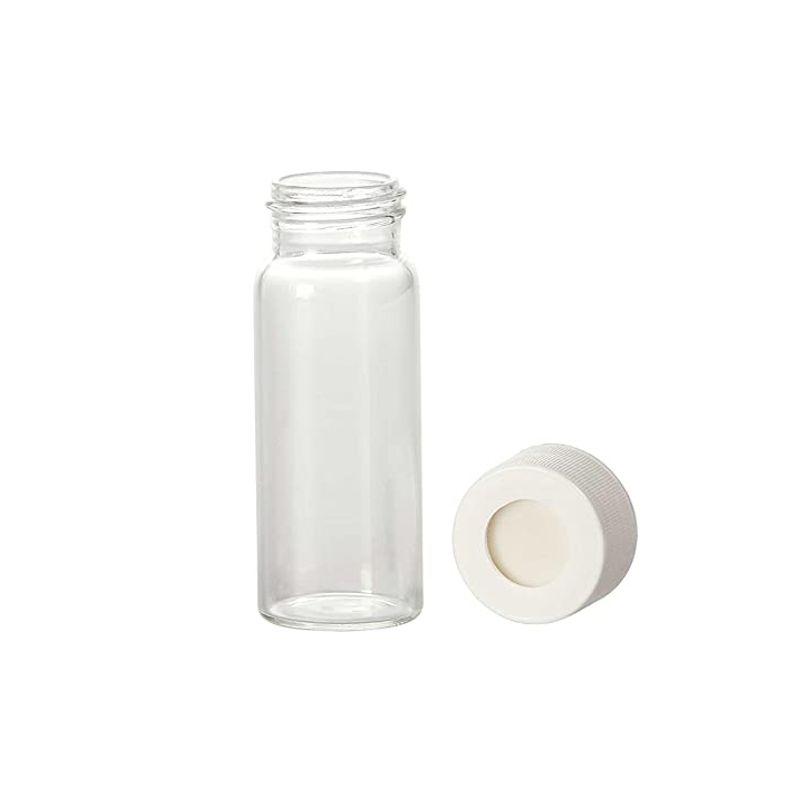 EPA/VOA Vials Opening, Capacity 20mL, Size 27x57mm, Clear Glass, Includes white open-top polypropylene caps with PTFE/silicone septa