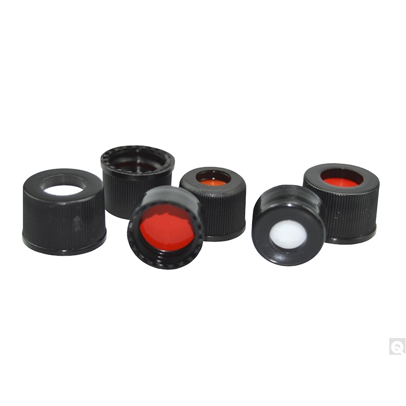 Bouchon à vis et septa ouverts en polypropylène noir, taille 10-425 avec PTFE rouge/silicone blanc
