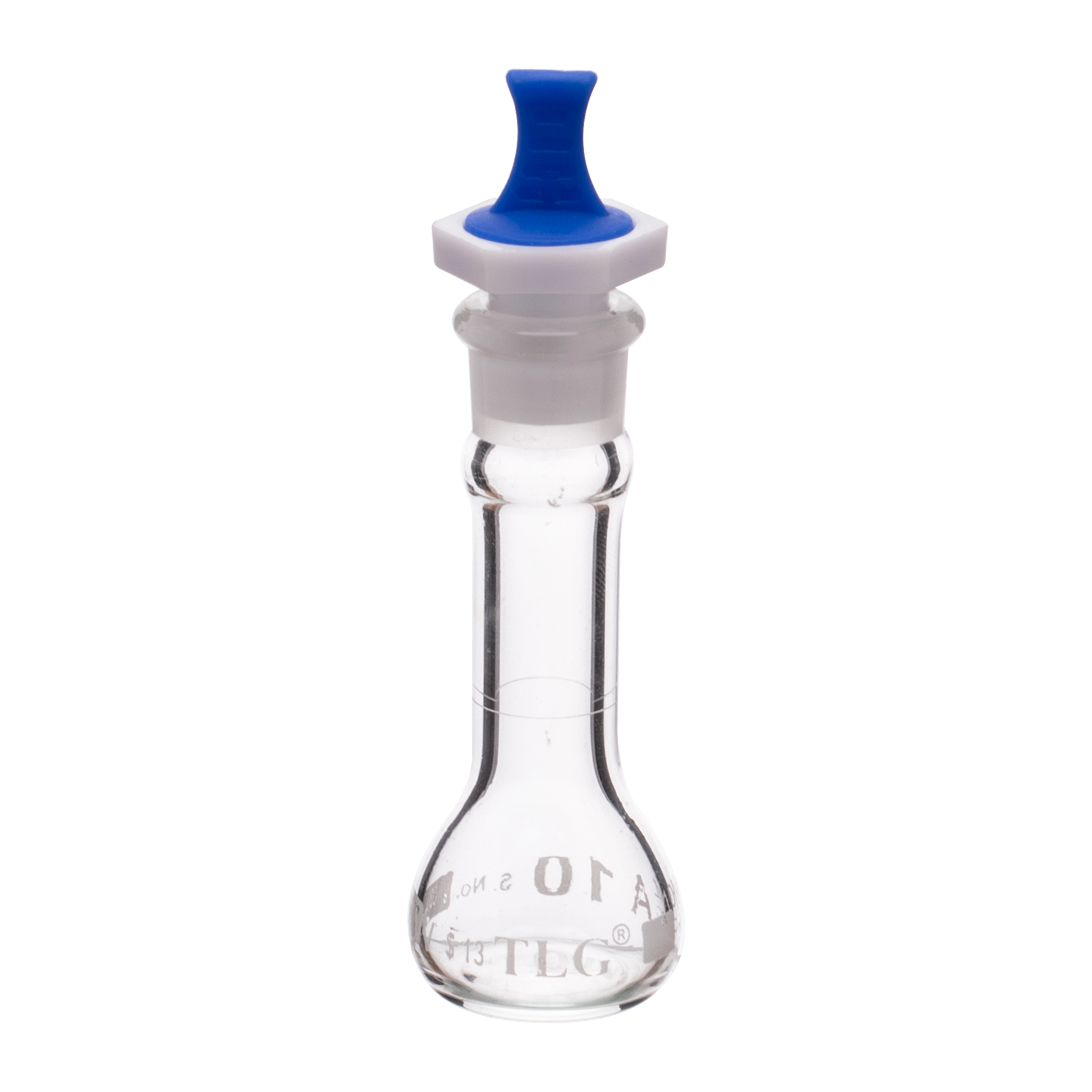 Fiole jaugée, 10 ml, sérialisée et certifiée, robuste, à large ouverture, transparente, bouchon PE n° 13, classe A, selon les normes USP