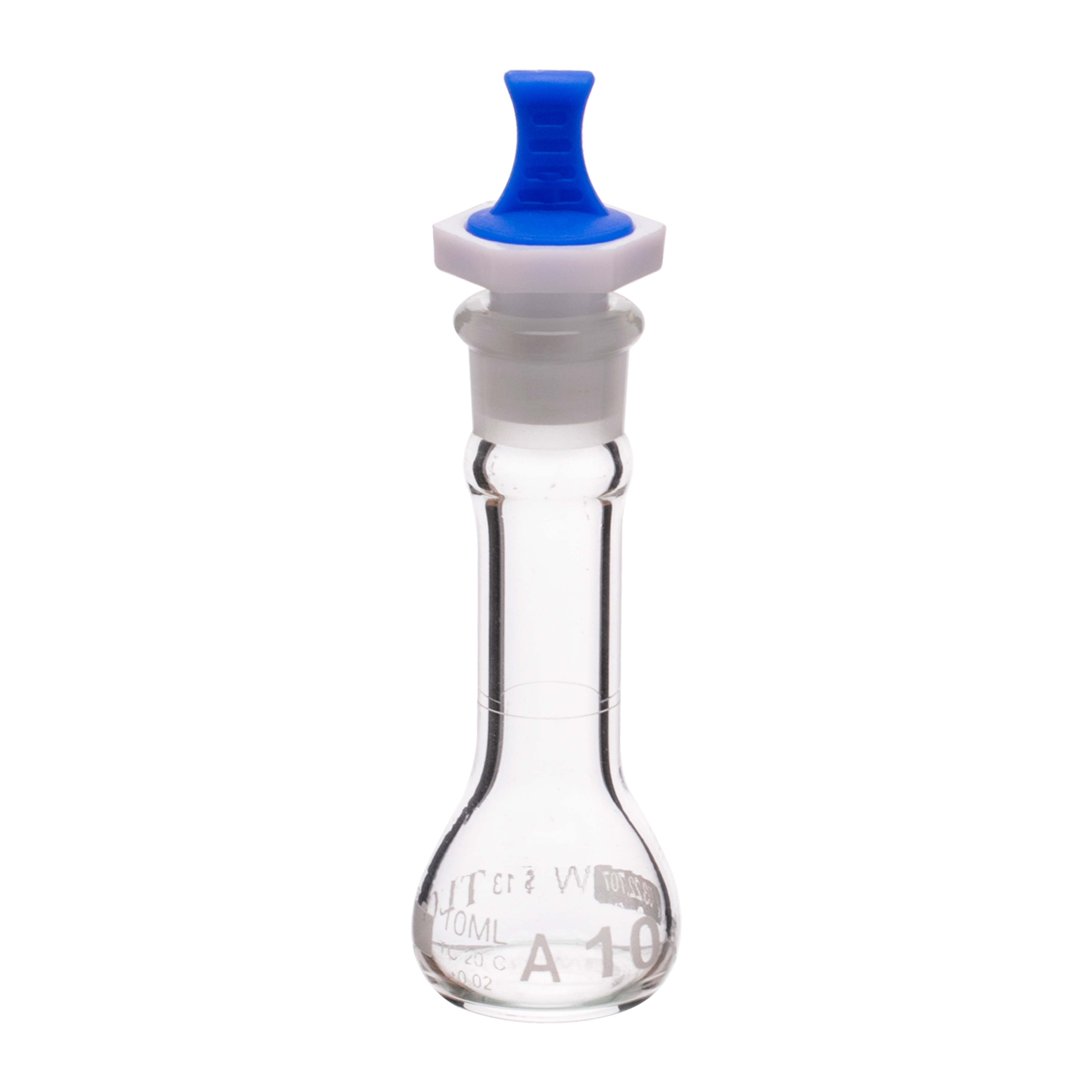 Fiole jaugée, 10 ml, sérialisée et certifiée, robuste, à large ouverture, transparente, bouchon PE n° 13, classe A, selon les normes USP