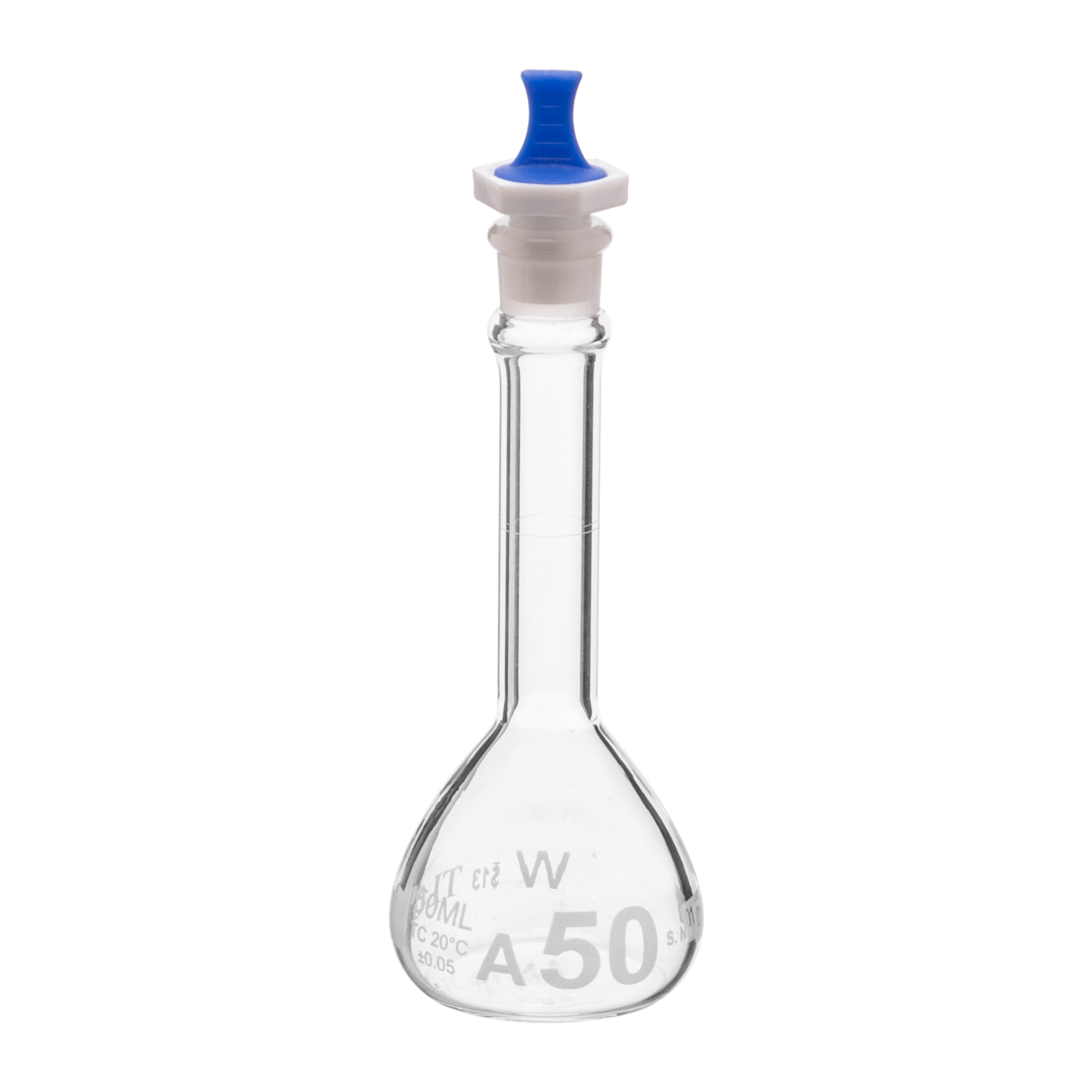 Volumetric Flask, 100mL, Serialized and Certified, Heavy Duty, Wide Mouth, Clear, PE Stopper# 16, Class A, As Per USP Standards