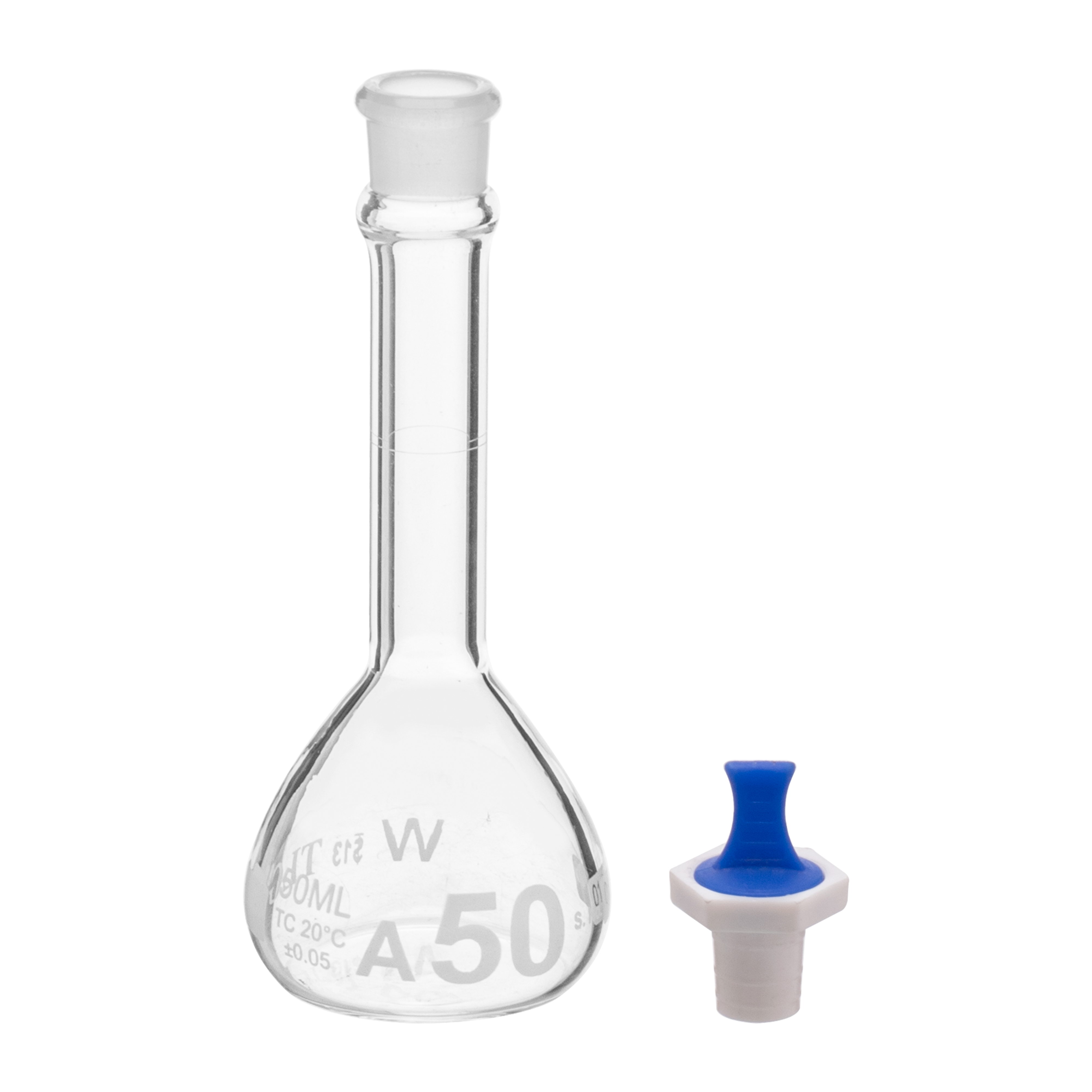 Volumetric Flask, 100mL, Serialized and Certified, Heavy Duty, Wide Mouth, Clear, PE Stopper# 16, Class A, As Per USP Standards