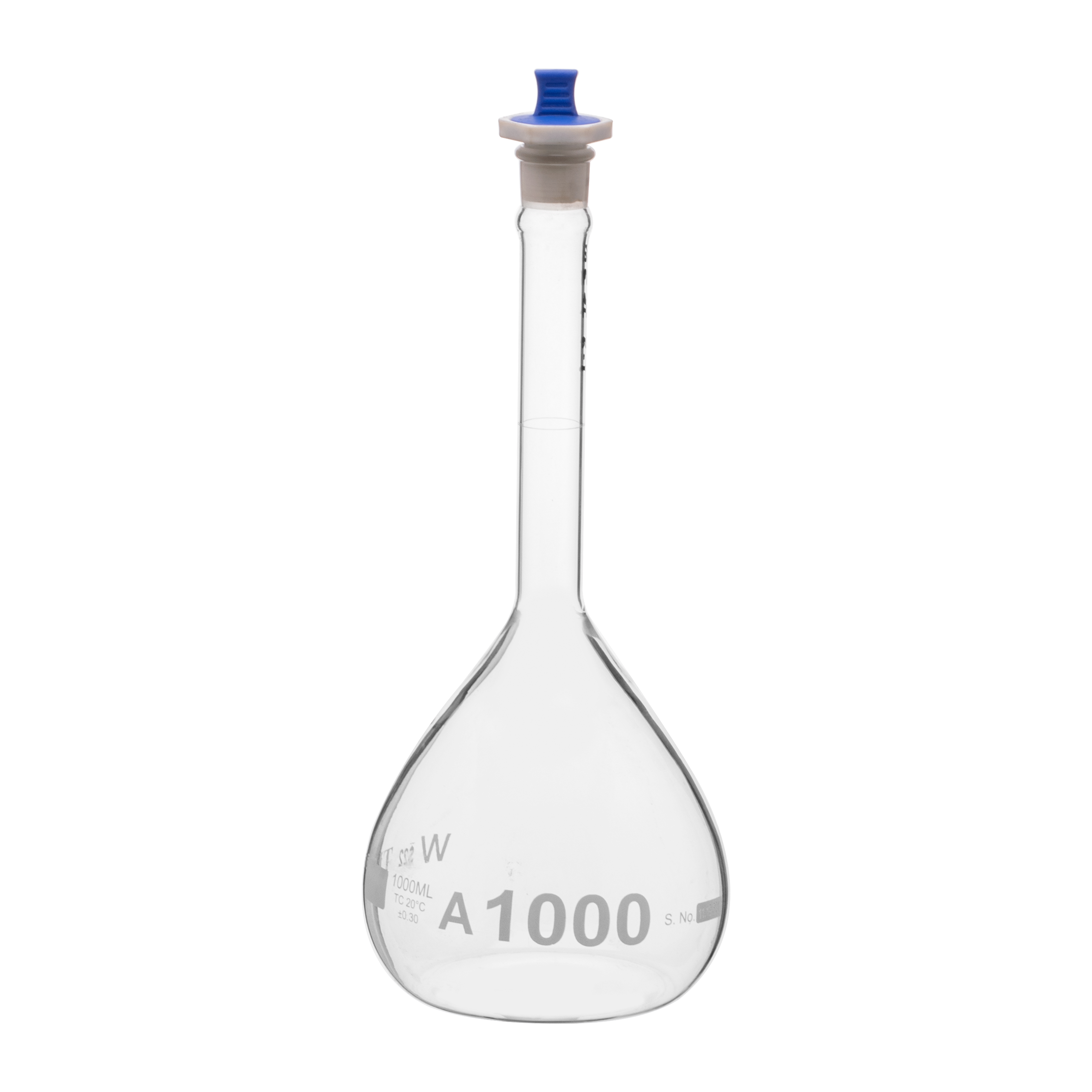 Volumetric Flask, 1000mL, Serialized and Certified, Heavy Duty, Wide Mouth, Clear, PE Stopper# 22, Class A, As Per USP Standards