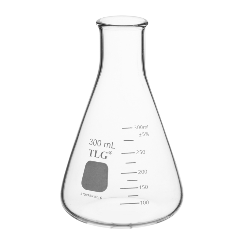 Fiole Erlenmeyer, col étroit avec graduation, capacité 300 ml, bouchon en caoutchouc 6