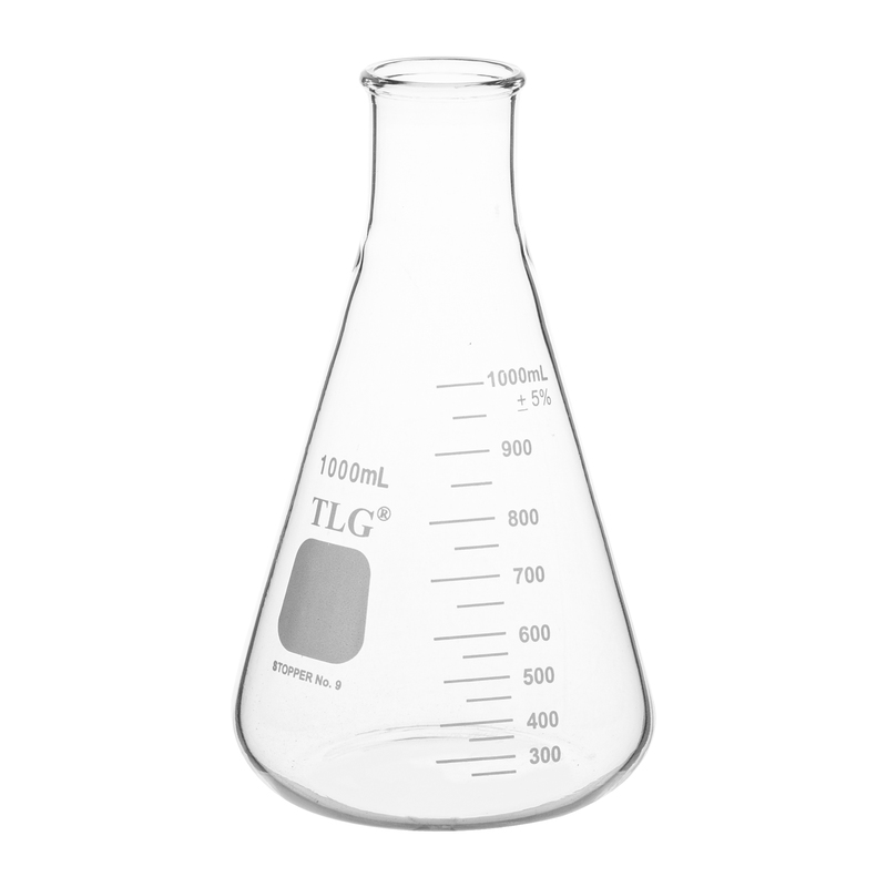 Erlenmeyer Flask, Narrow Neck With Graduation, Capacity 1000mL, Rubber Stopper 9