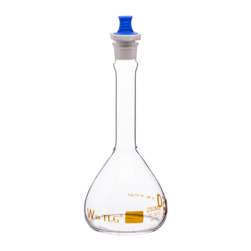 Fiole jaugée, 250 ml, robuste, transparente, à col large, bouchon PE n° 19, classe A, selon les normes USP