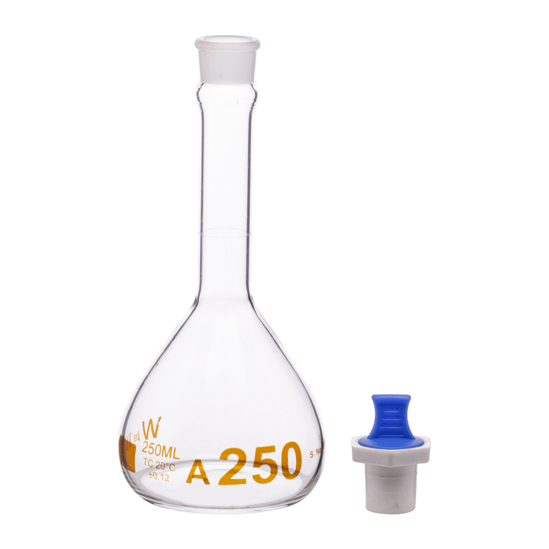 Fiole jaugée, 250 ml, robuste, transparente, à col large, bouchon PE n° 19, classe A, selon les normes USP