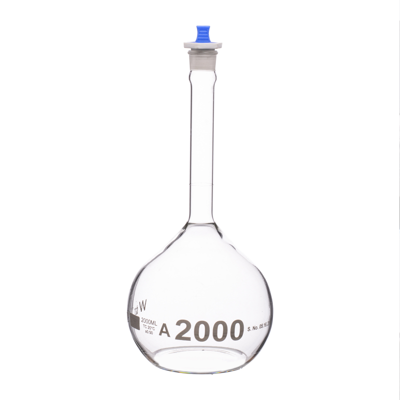 Volumetric Flask, 2000mL, Heavy Duty, Wide Mouth, Clear, PE Stopper# 27, Class A, As Per USP Standards