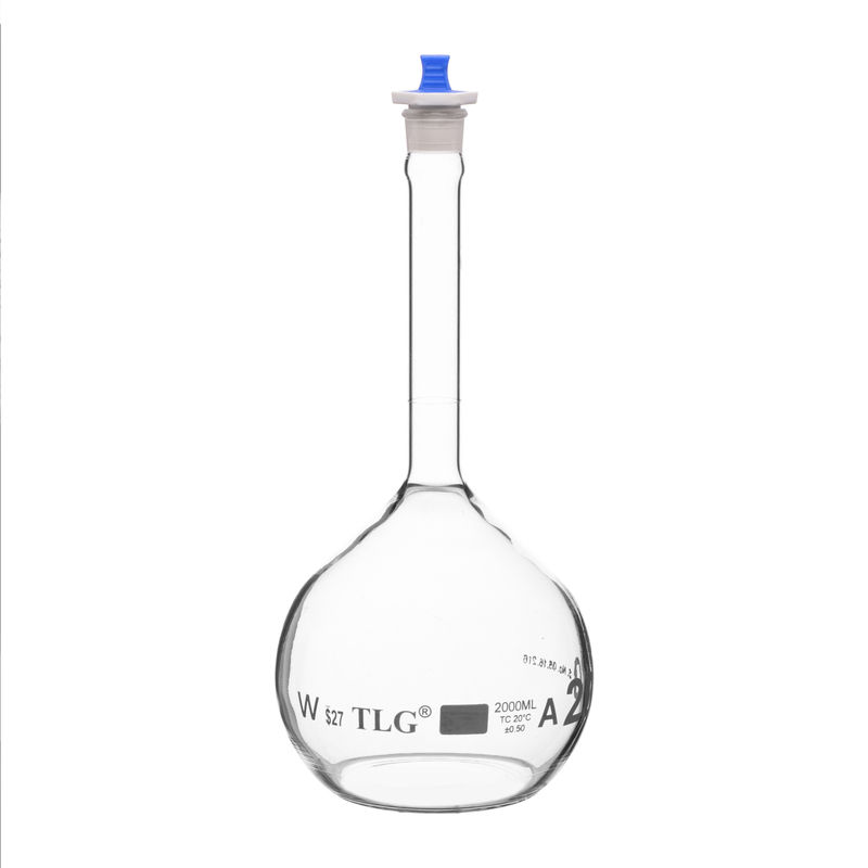 Volumetric Flask, 2000mL, Heavy Duty, Wide Mouth, Clear, PE Stopper# 27, Class A, As Per USP Standards