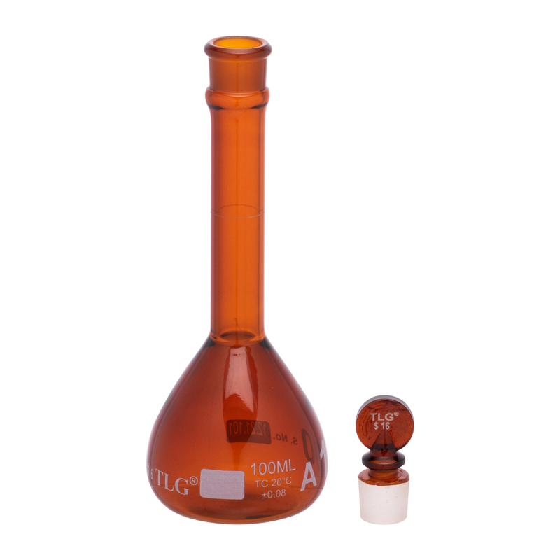 Fiole jaugée, ambre faiblement actinique, 100 ml, col large, bouchon en verre n° 16, classe A, Selon les normes USP