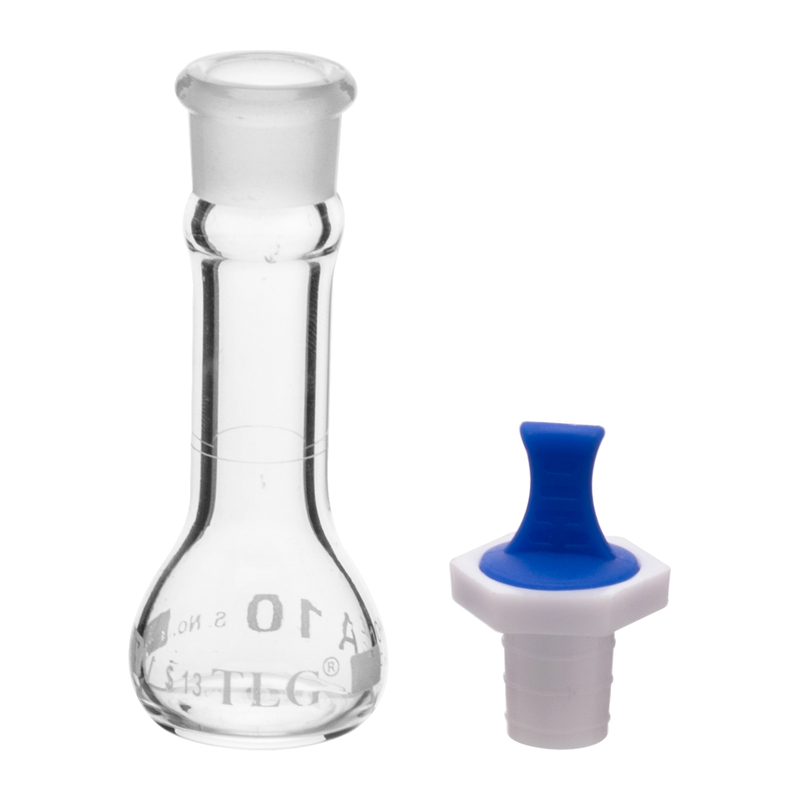 Fiole jaugée, 10 ml, sérialisée et certifiée, robuste, à large ouverture, transparente, bouchon PE n° 13, classe A, selon les normes USP