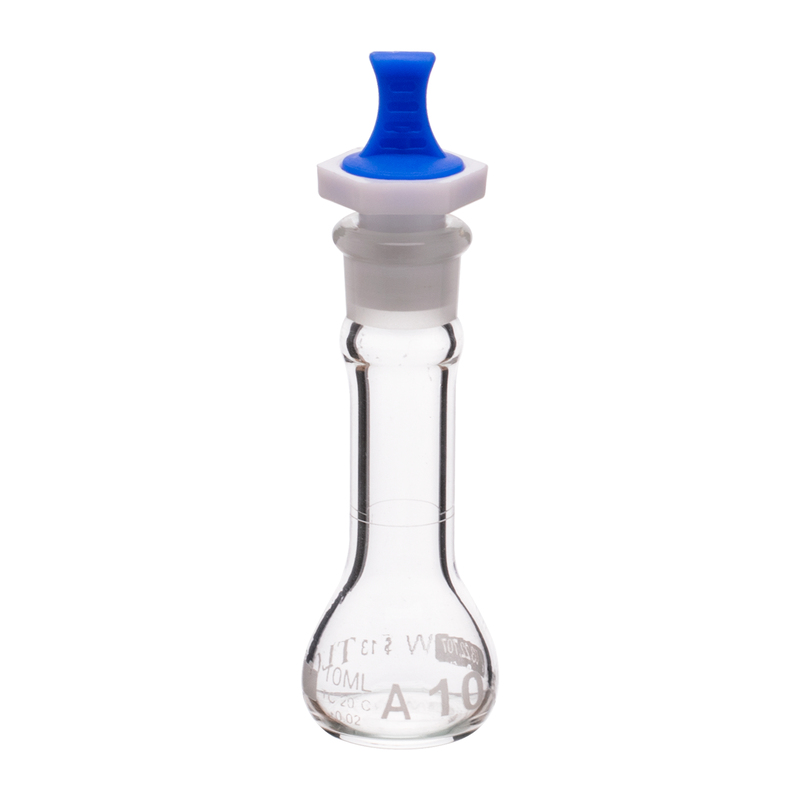 Fiole jaugée, 10 ml, sérialisée et certifiée, robuste, à large ouverture, transparente, bouchon PE n° 13, classe A, selon les normes USP