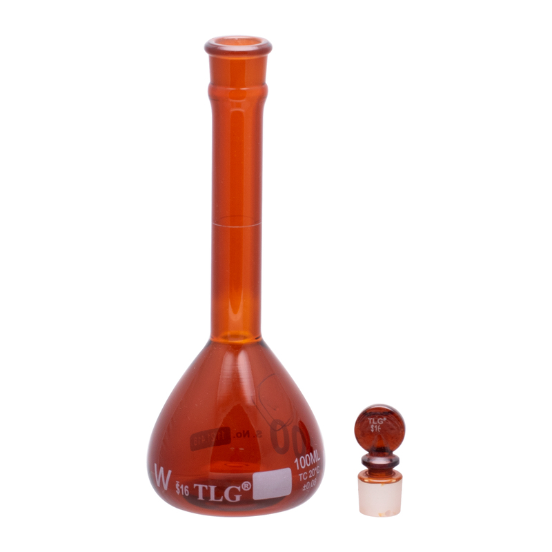 Fiole jaugée, ambre faiblement actinique, 100 ml, col large, bouchon en verre n° 16, classe A, Selon les normes USP