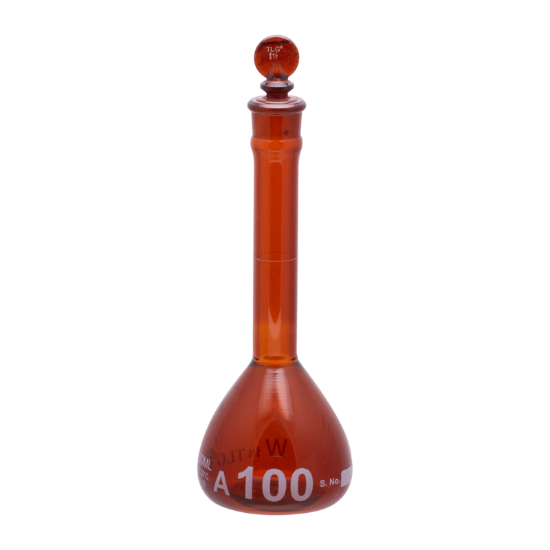 Fiole jaugée, ambre faiblement actinique, 100 ml, col large, bouchon en verre n° 16, classe A, Selon les normes USP