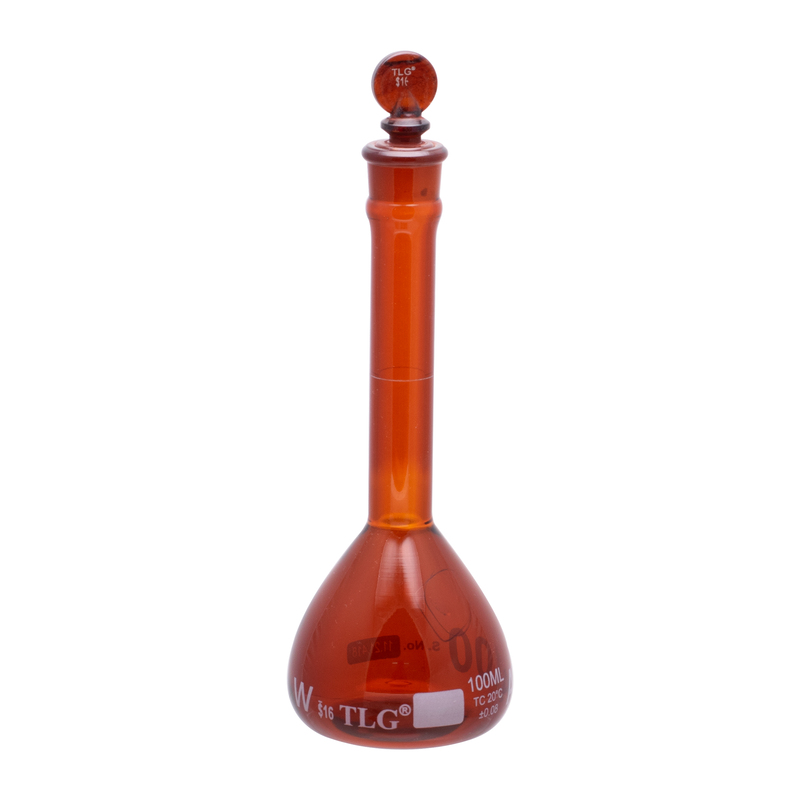 Fiole jaugée, ambre faiblement actinique, 100 ml, col large, bouchon en verre n° 16, classe A, Selon les normes USP