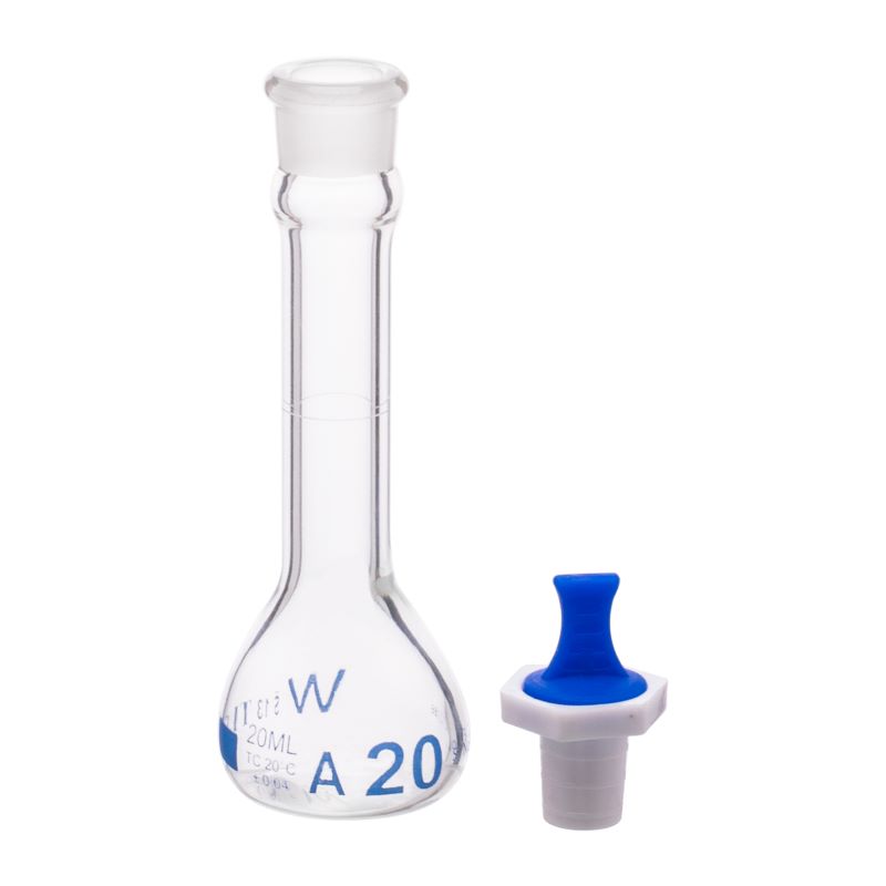 Fiole jaugée, 20 ml, sérialisée et certifiée, robuste, à large ouverture, transparente, bouchon PE n° 13, classe A, selon les normes USP