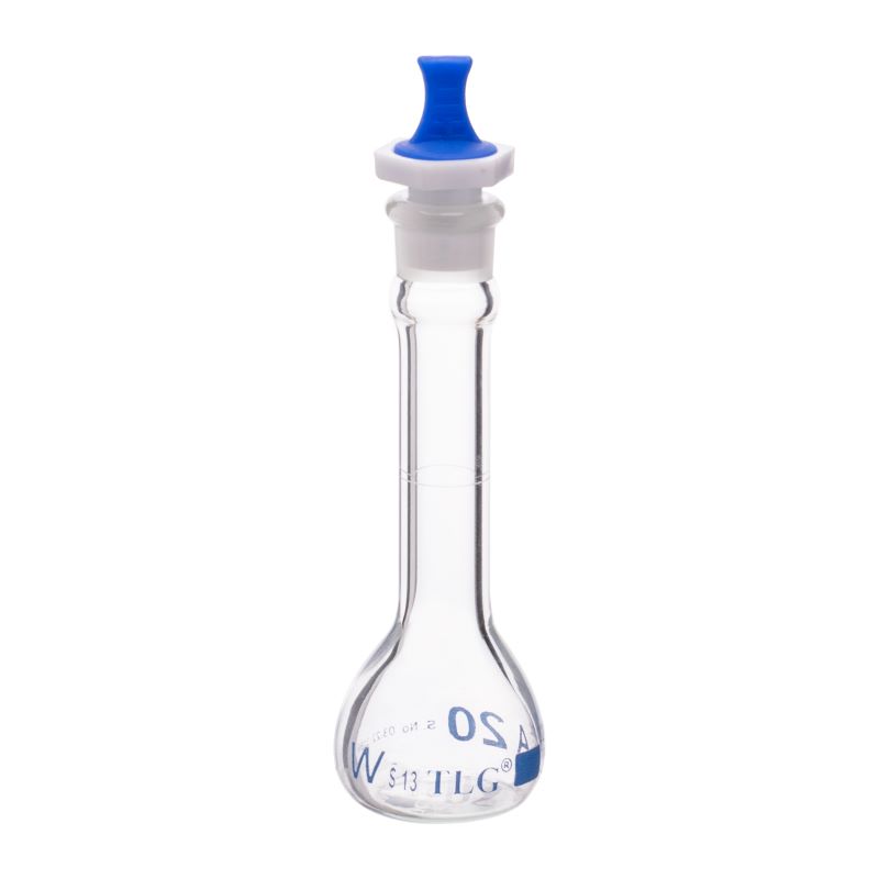 Fiole jaugée, 20 ml, sérialisée et certifiée, robuste, à large ouverture, transparente, bouchon PE n° 13, classe A, selon les normes USP