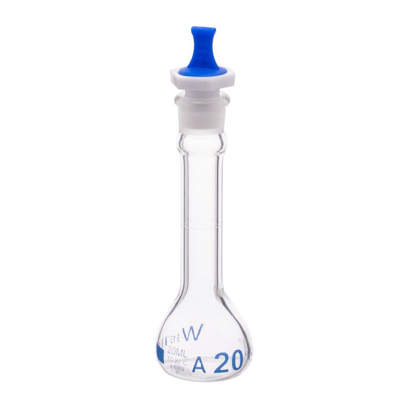 Fiole jaugée, 20 ml, sérialisée et certifiée, robuste, à large ouverture, transparente, bouchon PE n° 13, classe A, selon les normes USP